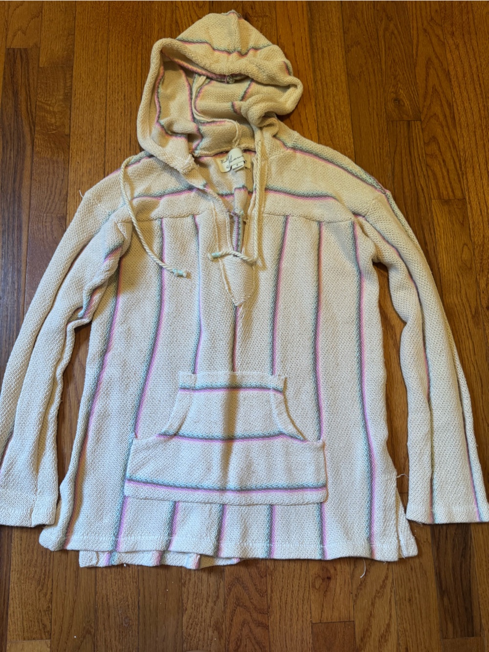 Vintage Havana Cream Hooded Baja Pullover with Pink & Blue Stripes